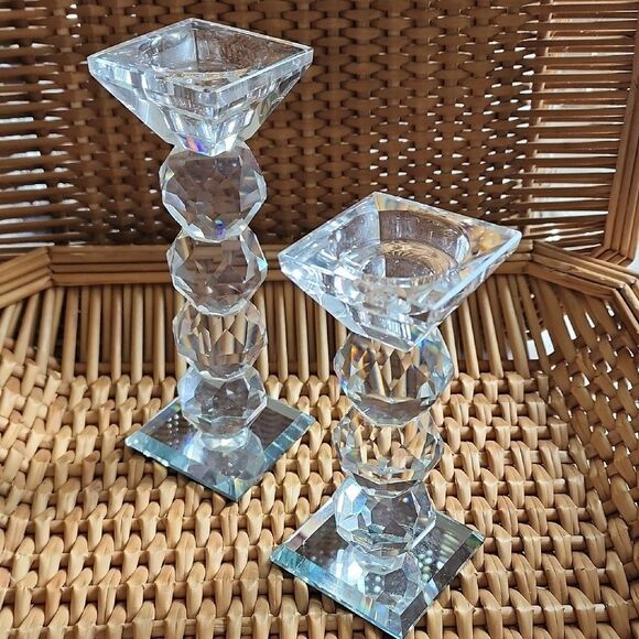 Faceted Crystal Ball Pillar Candlesticks - Picture 1 of 5